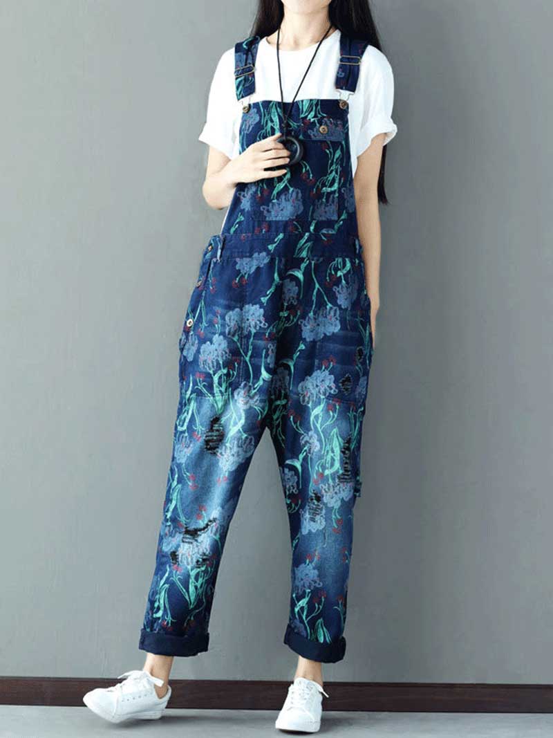 Dungarees cotton denim ripped jeans floral vintage retro style overall