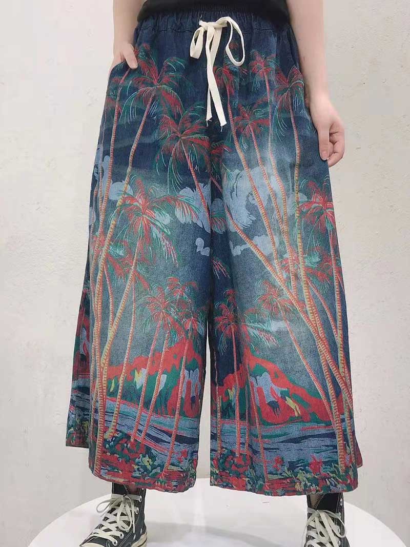 Evatrends Denim Cotton Pants, Bottom, Nine-Points Wide-Leg , Double side Pockets, Ethnic Print, Trouser Pant, Wide-Leg Jeans Trouser pant, Tree Print
