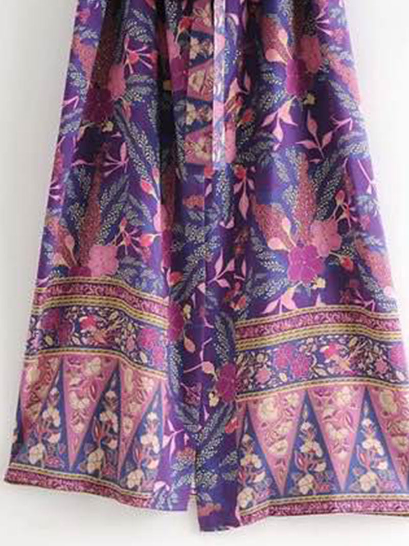 Vêtements de plage et de fêtard imprimé floral couleur violette coton robe de longueur longue longueur kimono robe