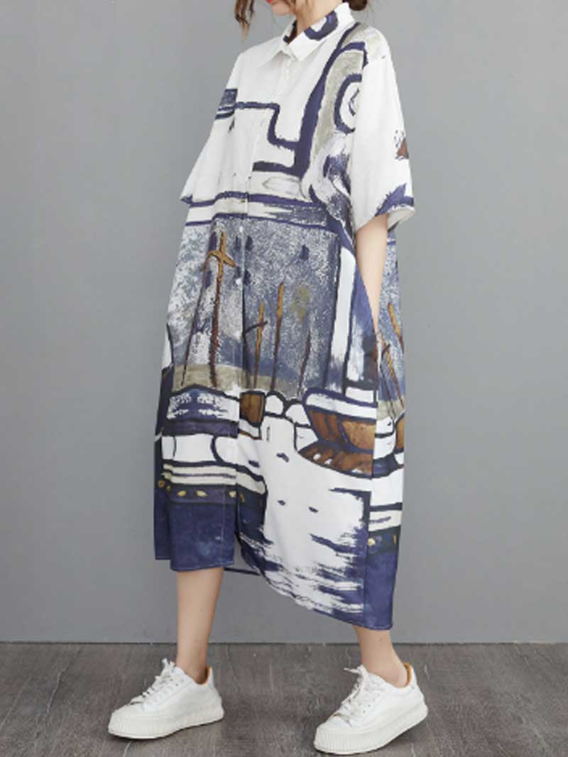  Abstract Art Print Cotton A-Line Shirt Dress