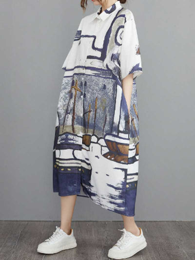 Abstract Art Print Cotton A-Line Shirt Dress