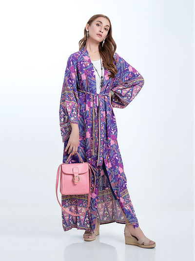 Evatrends cotton gown robe printed kimonos, Outerwear, Cotton 100%,  Nightwear, long kimono, kimono board Sleeves, loose fitting, Floral Print, belted