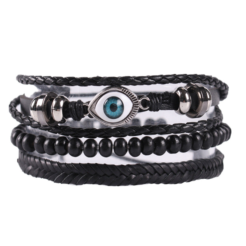 Pulseira de couro trançado pulseira de olho preto