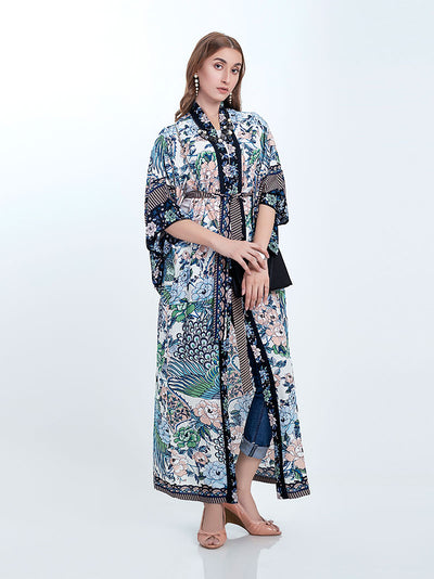 Evatrends cotton gown robe printed kimonos, Outerwear, Cotton, long sleeves, Birds print, Nightwear, long kimono, Board Sleeves, loose fitting, Printed, , belted