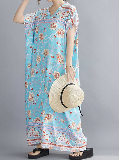 Evatrends kaftan, Rayon, V-neck, Printed, Short sleeves, Printed Kaftan Dress, Floral Print, Loose Waist, Long Dress, Beachwear Dress