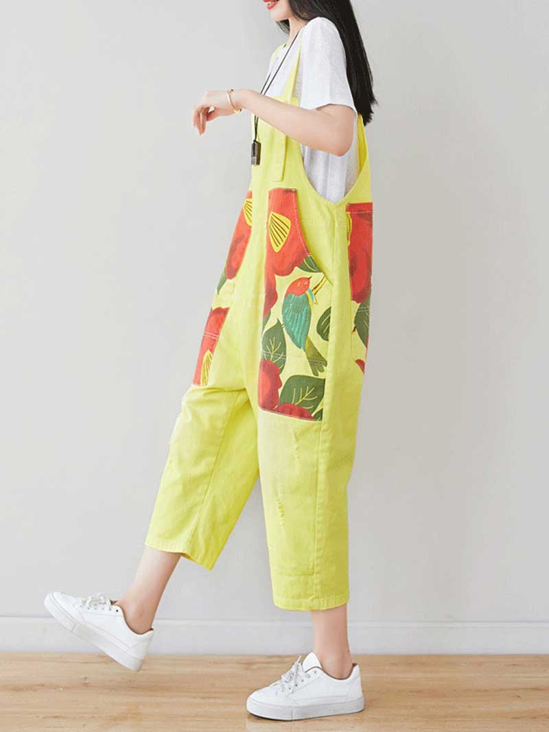 Dungarees cotton denim ripped jeans floral vintage retro style overall