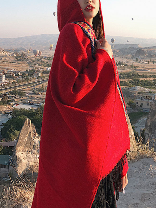 Cardigã de xale vermelho de emenda com encapuzado