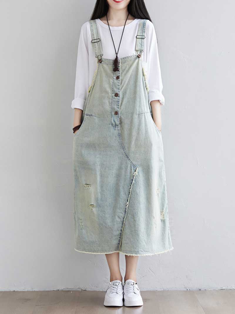 Women's Distressed Denim Midi Overall Dress - Comfortable Everyday | Eva Trends