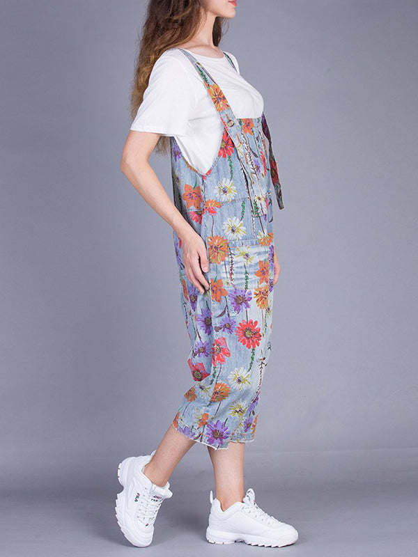 Dungarees cotton denim, cropped pant, floral vintage retro style overall, Floral print