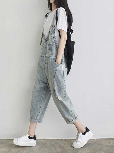 Dungarees cotton denim ripped jeans ,vintage retro style overall, Adjustable straps, Ripped