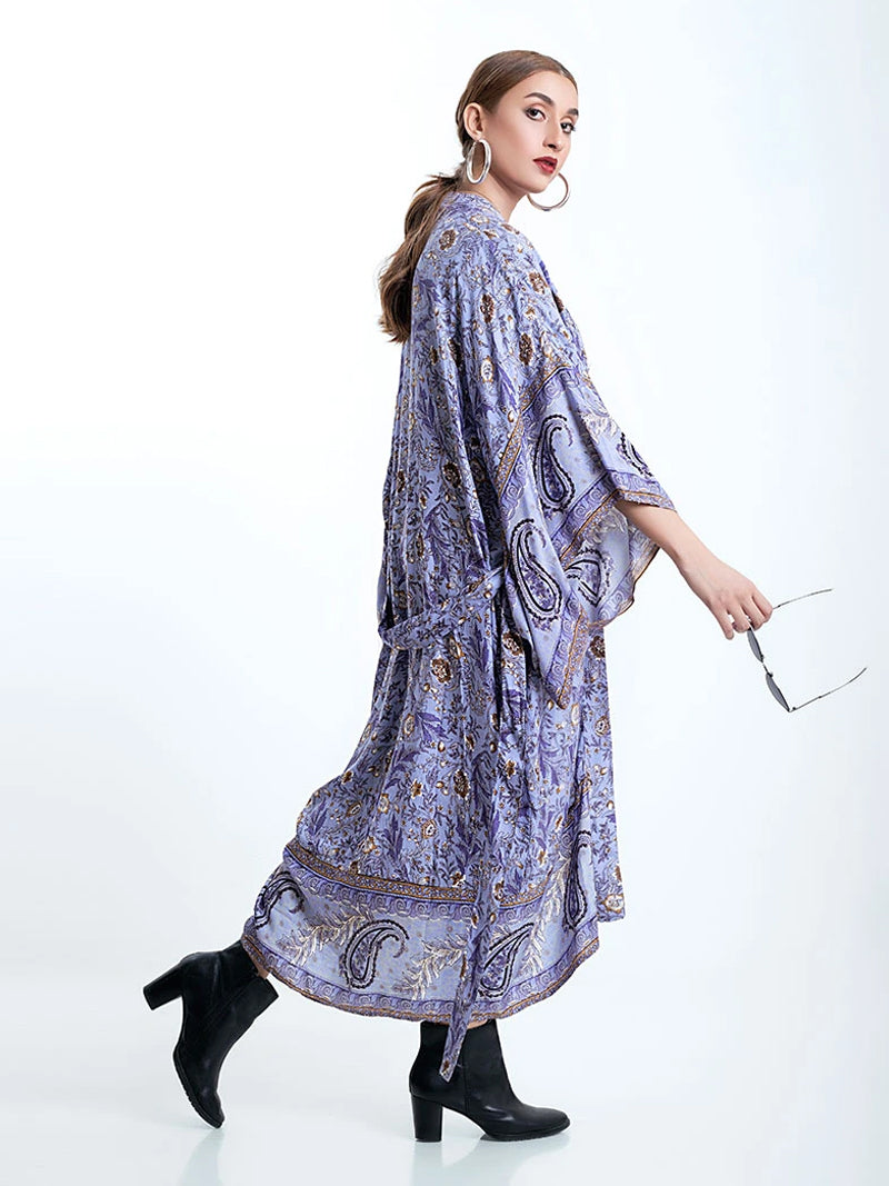 Evatrends cotton gown robe printed kimonos, Outerwear, cotton, Nightwear, long kimono, Board Sleeves, loose fitting, Floral Print with birds print, Belted
