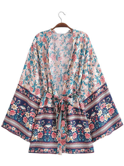 Evatrends cotton gown robe printed kimonos, Outerwear, Cotton, Nightwear, Short kimono, Board Sleeves, loose fitting, Printed, Floral, Belted, Blue-Red Color