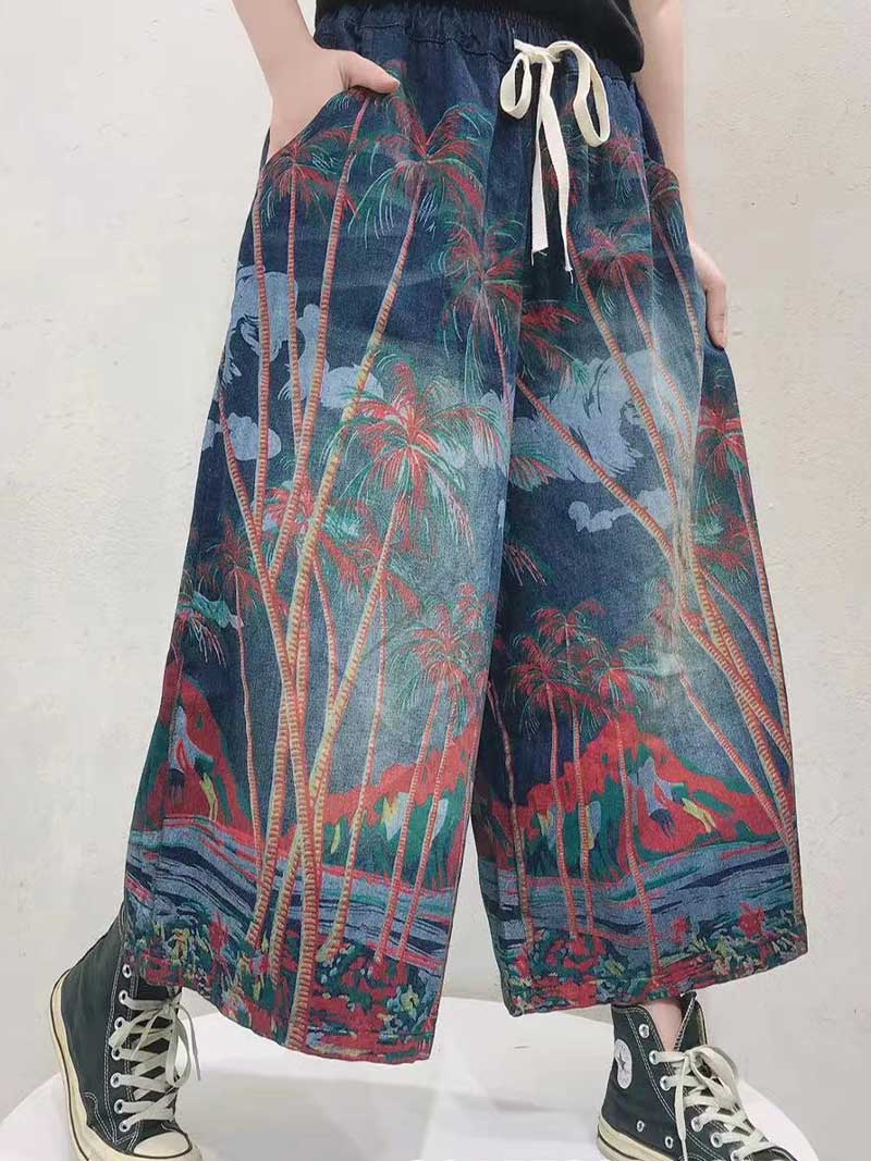 Evatrends Denim Cotton Pants, Bottom, Nine-Points Wide-Leg , Double side Pockets, Ethnic Print, Trouser Pant, Wide-Leg Jeans Trouser pant, Tree Print
