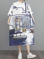  Abstract Art Print Cotton A-Line Shirt Dress