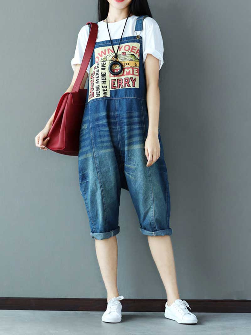 Dungarees cotton denim ripped jeans ,vintage retro style overall, Adjustable straps, Cropped Pants