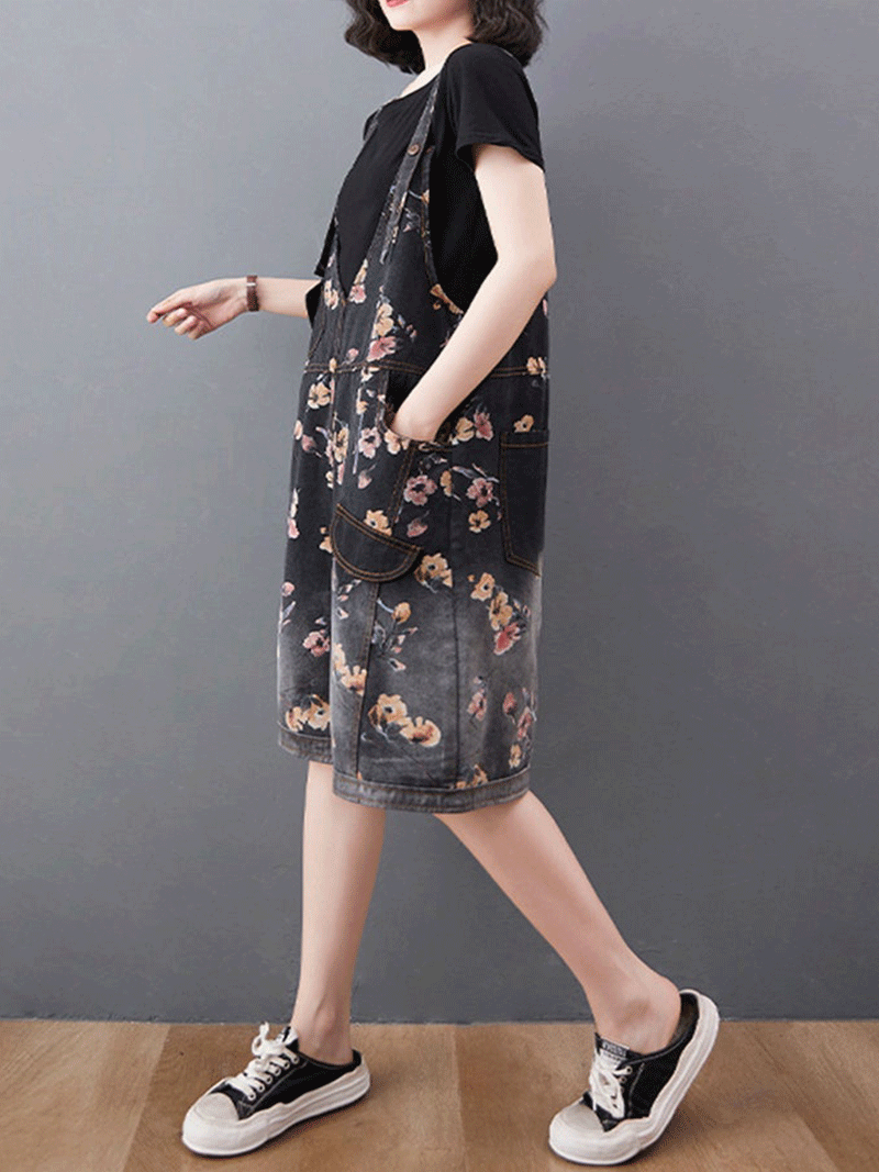 Knee-Length Floral Denim Dungaress - Deep V Bib Design