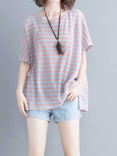 Evatrends Cotton Linen Top, Summer wear, Short sleeves, Stripes top, Round Neck, T-shirt Top, Wear With Jeans pant or Trouser