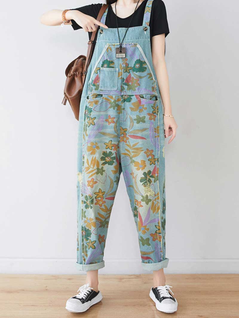 Dungarees, cotton, denim, ripped jeans, floral, vintage, retro style, overall, Wild