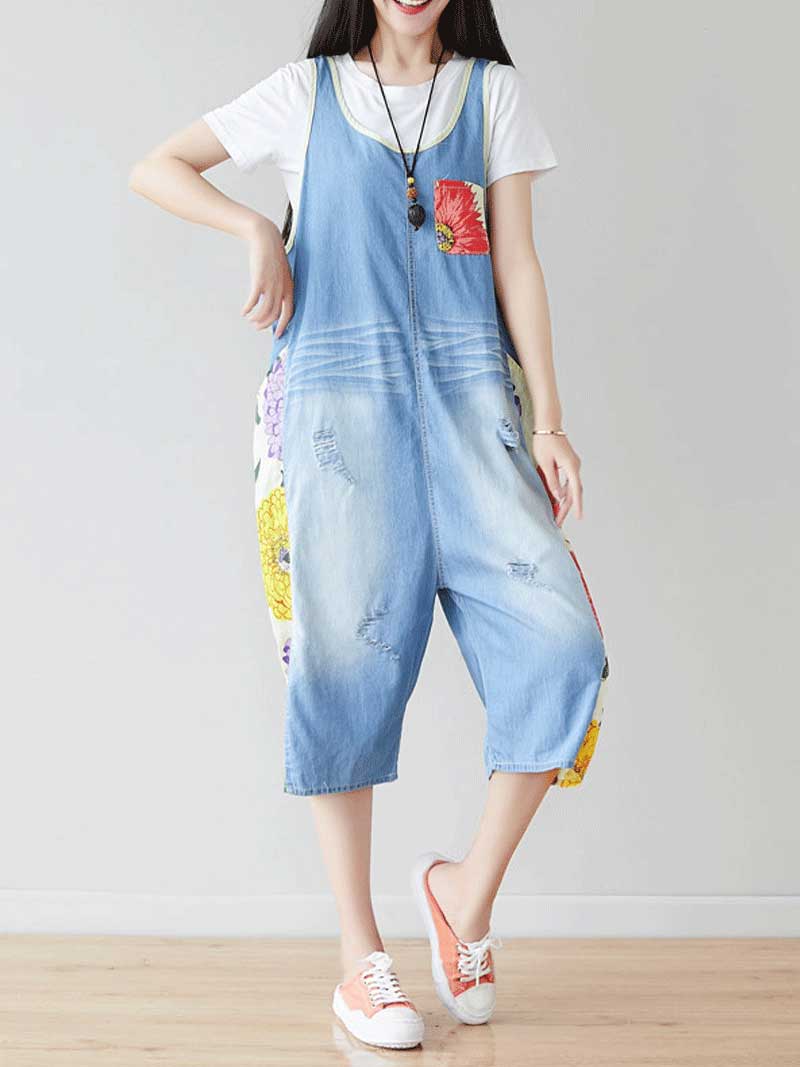 Dungarees cotton denim ripped jeans floral vintage retro style overall