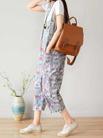 Dungarees, cotton denim, vintage retro style, overall, Cotton 71%-80%, Cropped Pant, Adjustable Straps, Non-Stretchable, Printed