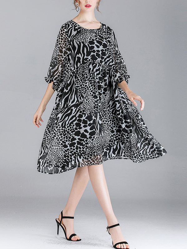 Abby Vintage Animal Print High Ciist Midi Dress