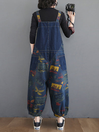 Dungarees cotton denim ripped jeans floral vintage retro style overall