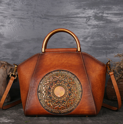 Genuine Totem Embossed Leather Retro Handbag