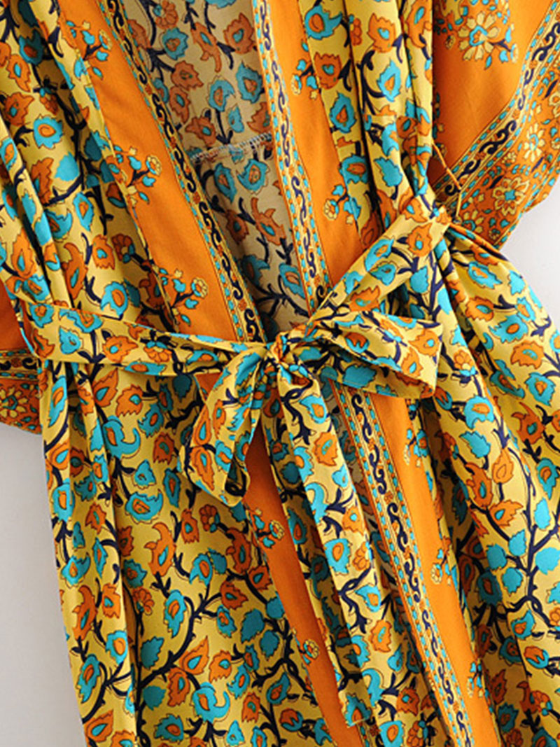 Plagewear kimono floral bohème imprimement orange couleur coton viscose longue longueur robe kimono coussin robe