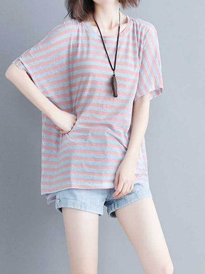 Evatrends Cotton Linen Top, Summer wear, Short sleeves, Stripes top, Round Neck, T-shirt Top, Wear With Jeans pant or Trouser