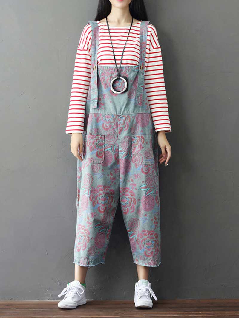 Dungarees cotton denim Printed ,vintage retro style overall, Adjustable straps, double side pockets, comfortable overall, Floral cropped overall