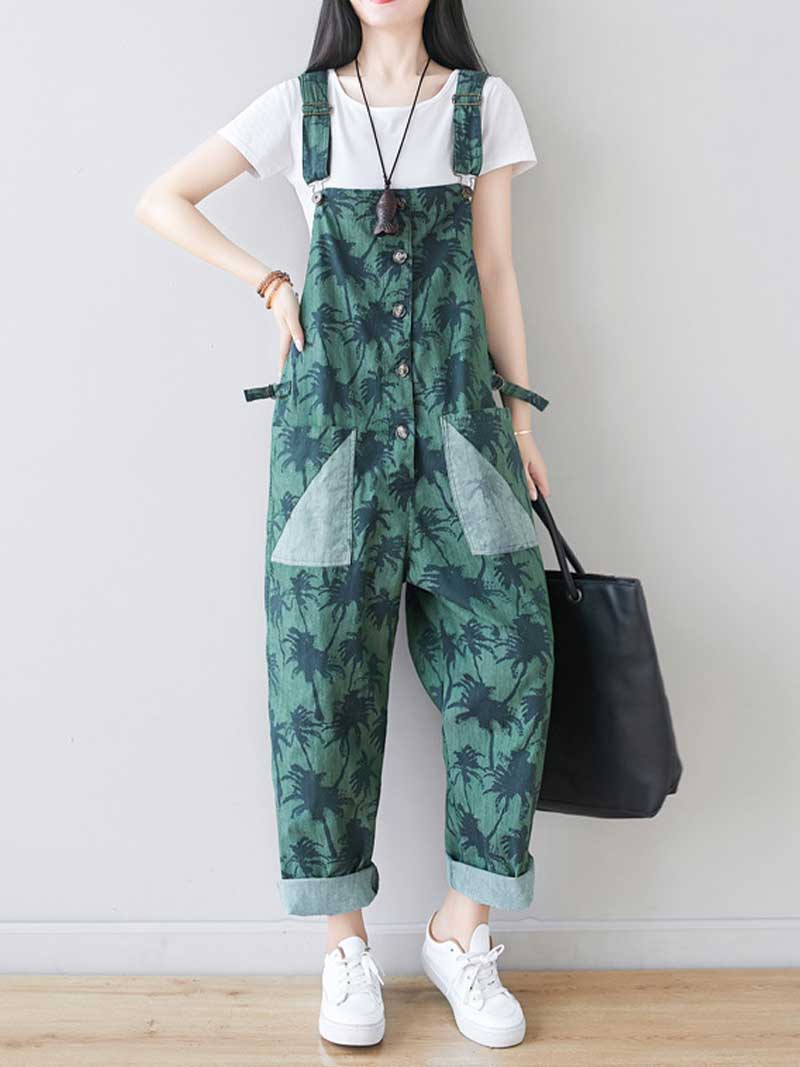 Dungarees cotton denim Printed ,vintage retro style overall, Adjustable straps, double side pockets, comfortable overall