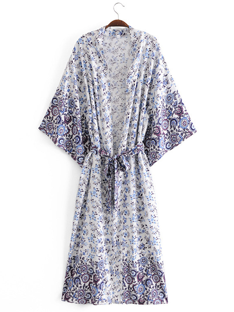 Evatrends cotton gown robe printed kimonos, Outerwear, Cotton, Nightwear, long kimono, long Sleeves, loose fitting, floral print, Belted