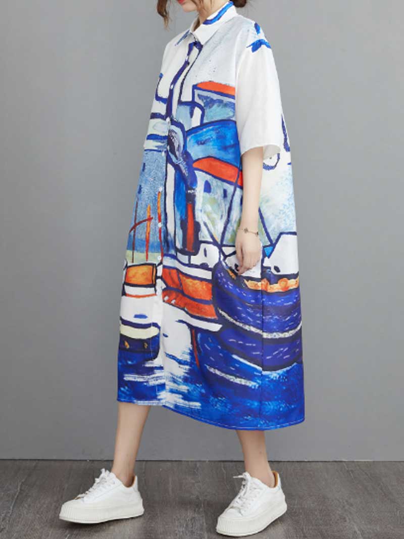  Abstract Art Print Cotton A-Line Shirt Dress