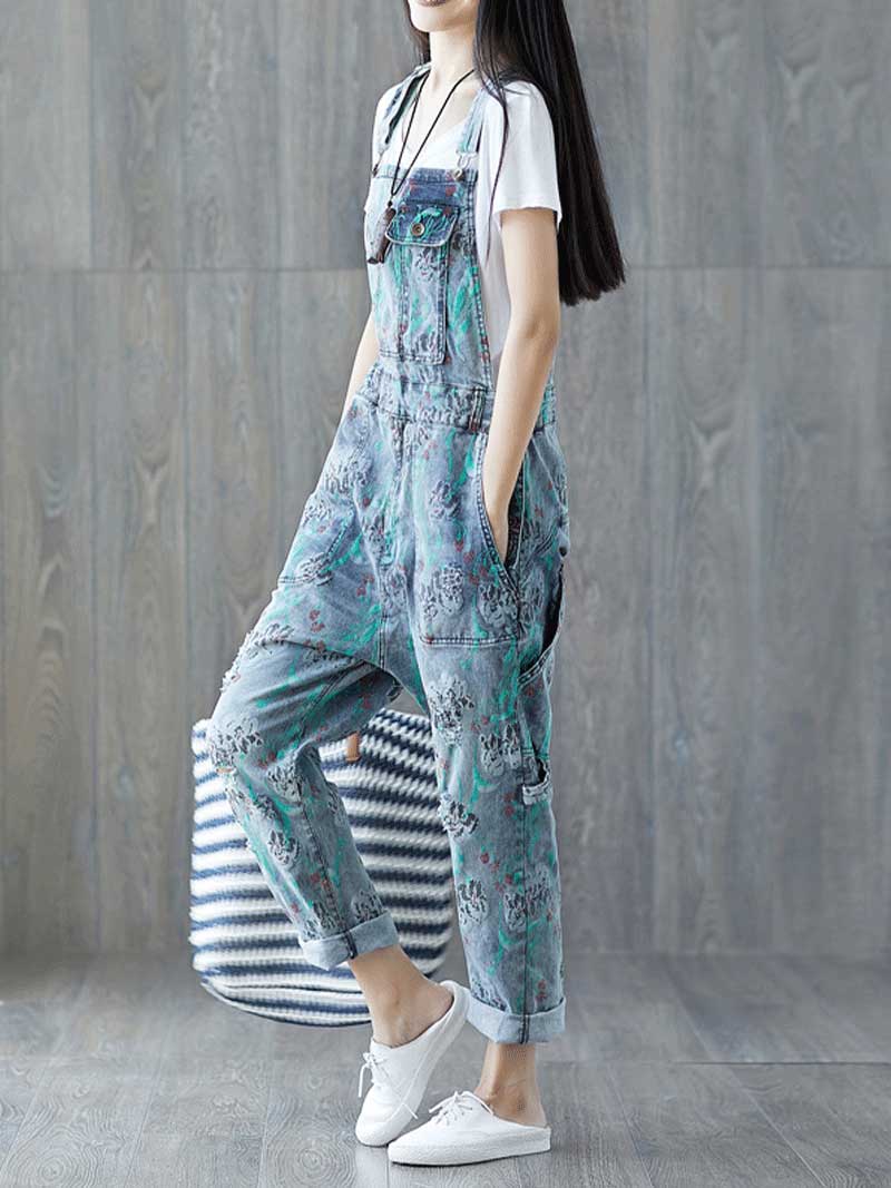 Dungarees cotton denim ripped jeans floral vintage retro style overall