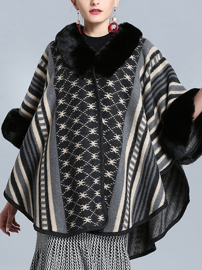 Stripe Bordeus Fluffy Neck Plus Size Cape Cardigan