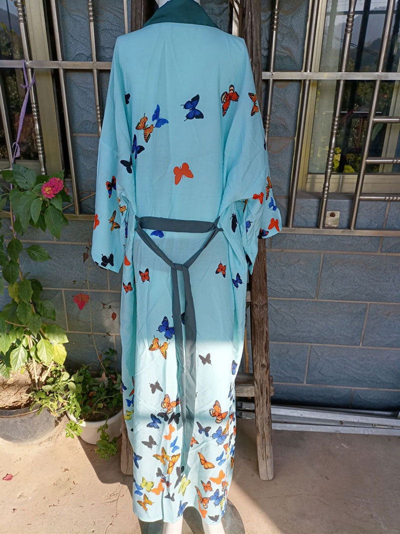 Evatrends cotton gown robe printed kimonos, Outerwear, cotton, Nightwear, long kimono, Long sleeves, loose fitting, Butterfly  Print, Belted