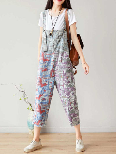 Dungarees, cotton denim, vintage retro style, overall, Cotton 71%-80%, Cropped Pant, Adjustable Straps, Non-Stretchable, Printed