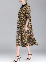 Ivy vintage contraste com lapela pescoço estampa de animal abotoado com cinto midi vestido