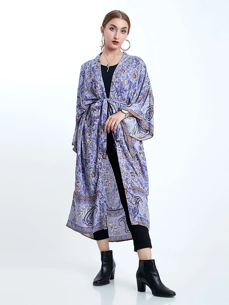 Evatrends cotton gown robe printed kimonos, Outerwear, cotton, Nightwear, long kimono, Board Sleeves, loose fitting, Floral Print with birds print, Belted