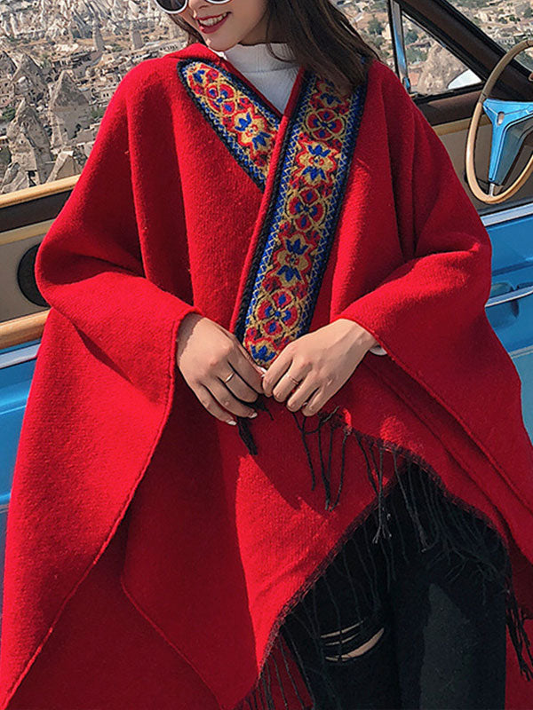 Cardigã de xale vermelho de emenda com encapuzado
