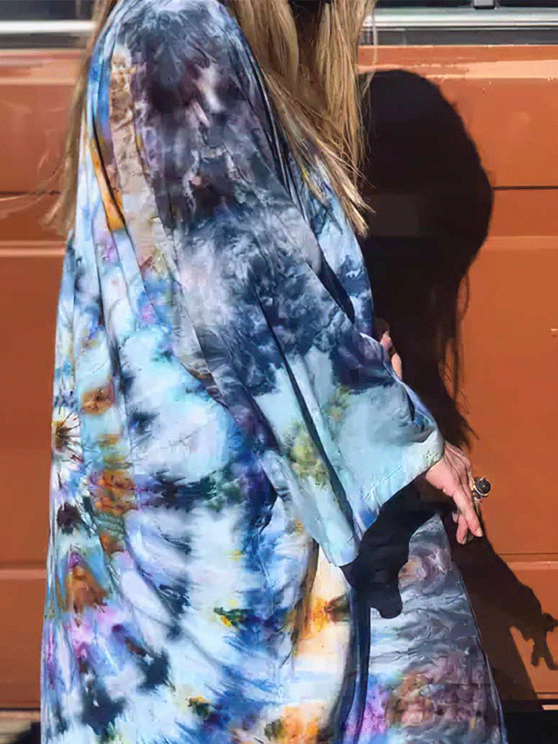 Evatrends cotton gown robe printed kimonos, Outerwear, Polyester, Nightwear, long kimono, Kimono Broad sleeves, loose fitting, Tie- Dye Print, Belted