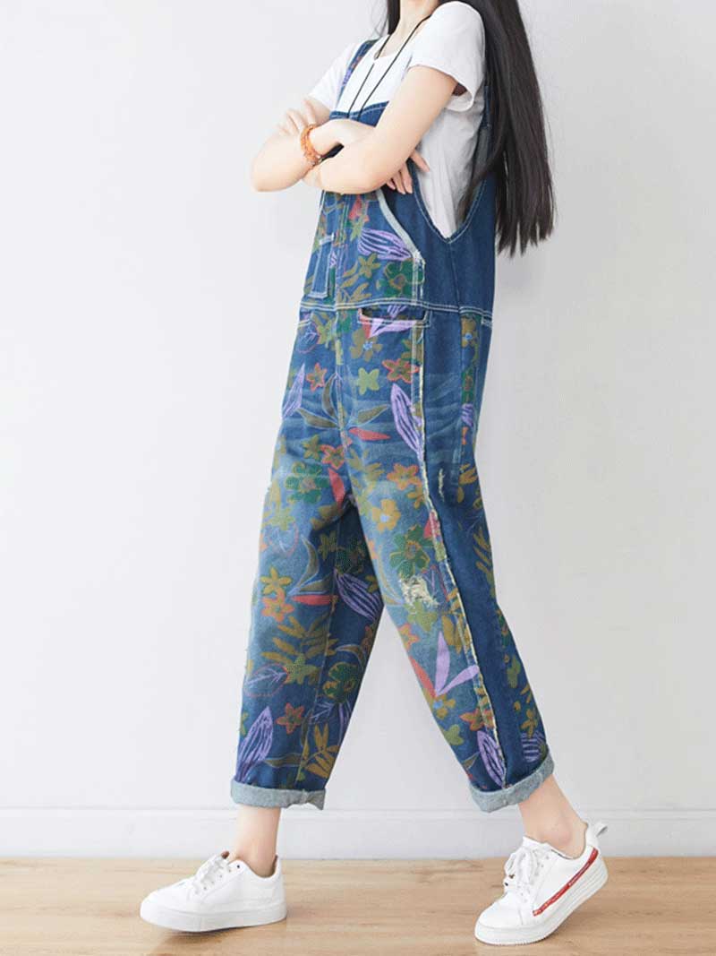 Dungarees, cotton, denim, ripped jeans, floral, vintage, retro style, overall, Wild