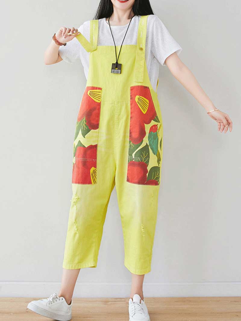 Dungarees cotton denim ripped jeans floral vintage retro style overall