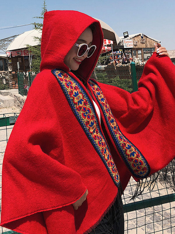 Cardigã de xale vermelho de emenda com encapuzado