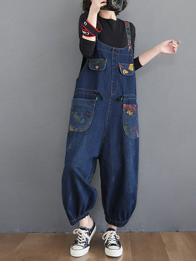 Dungarees cotton denim ripped jeans floral vintage retro style overall