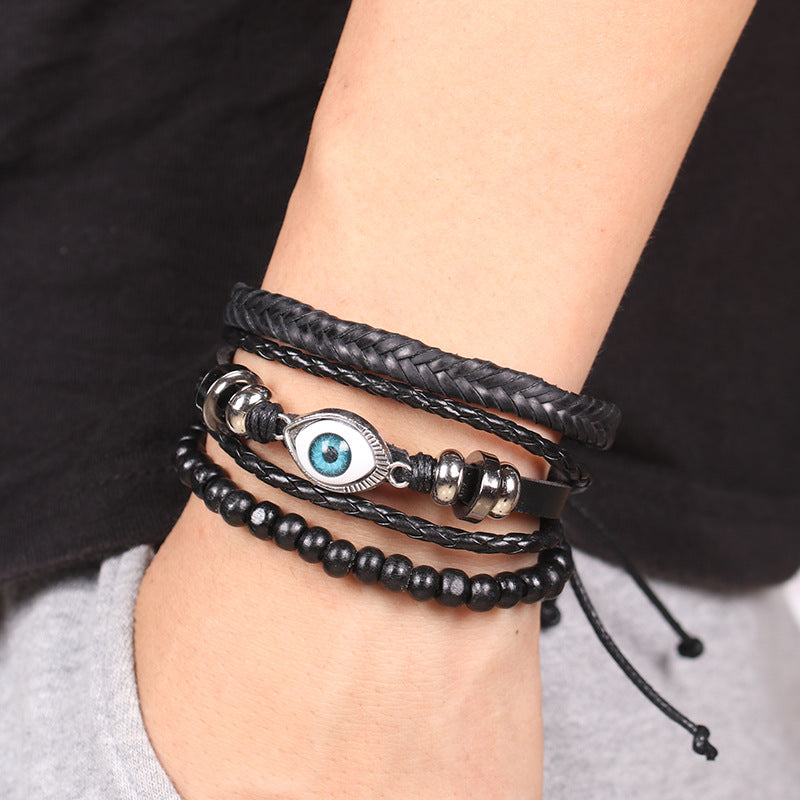 Pulseira de couro trançado pulseira de olho preto