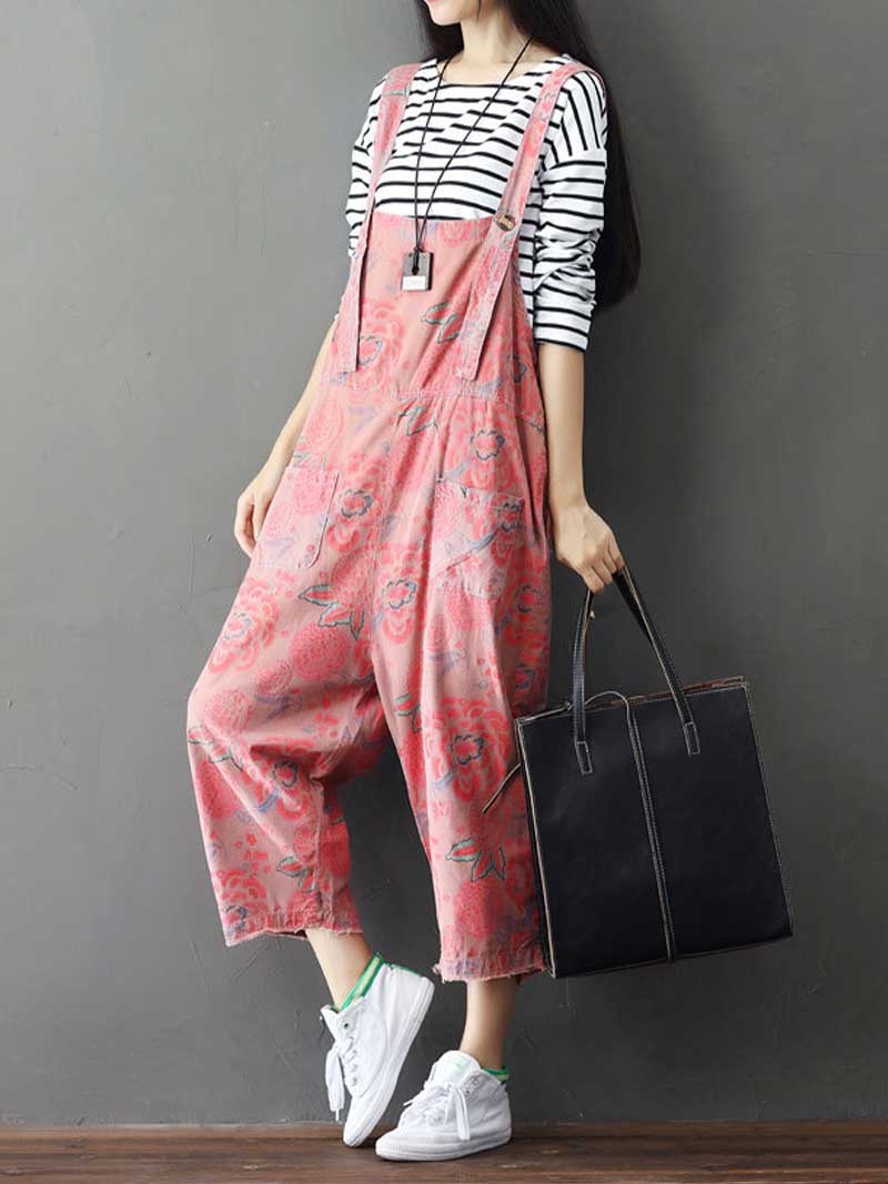 Dungarees cotton denim Printed ,vintage retro style overall, Adjustable straps, double side pockets, comfortable overall, Floral cropped overall