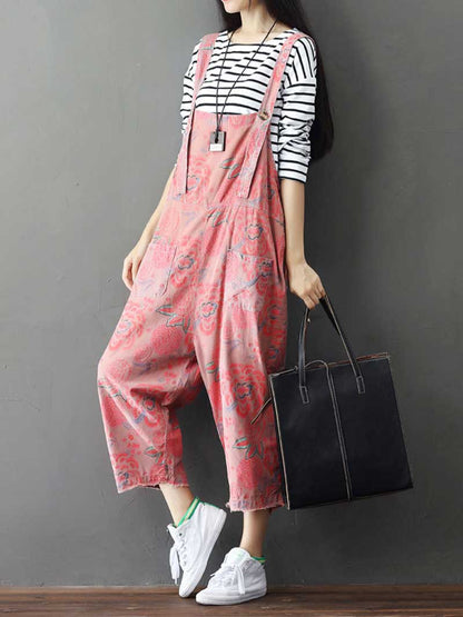 Dungarees cotton denim Printed ,vintage retro style overall, Adjustable straps, double side pockets, comfortable overall, Floral cropped overall