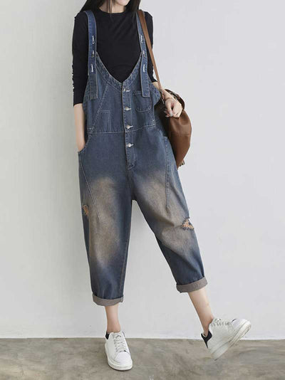 Dungarees cotton denim ripped jeans ,vintage retro style overall, Adjustable straps, Ripped