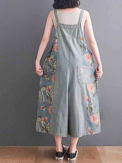 Dungarees cotton denim, Trouser, floral ,vintage retro style overall, double pockets, floral printed